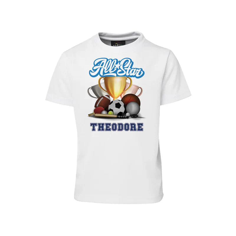 All Star Sports sublimation t-shirt displaying a white cotton graphic tee with a custom sports jersey print layout.