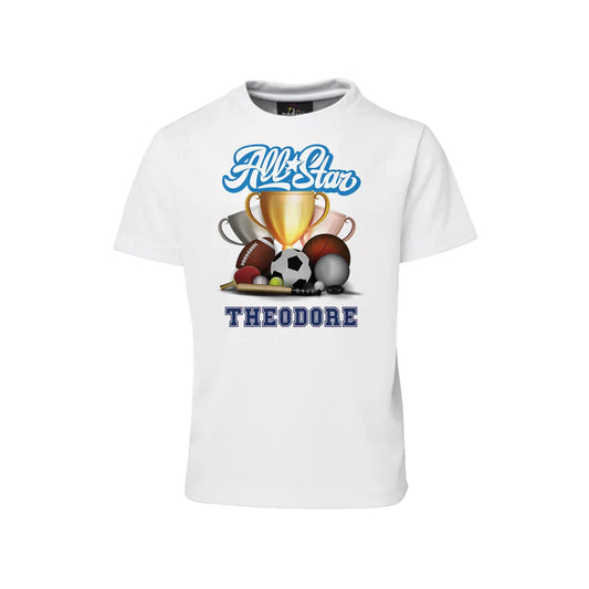All Star Sports sublimation t-shirt displaying a white cotton graphic tee with a custom sports jersey print layout.