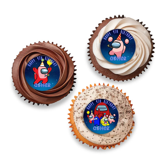 Among Us Personalized cupcake Toppers featuring Custom names and characters