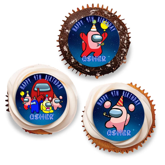 Among Us Personalized cupcake Toppers featuring Custom names and characters