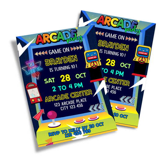 Personalized Birthday Card Invitations featuring Arcade Games design