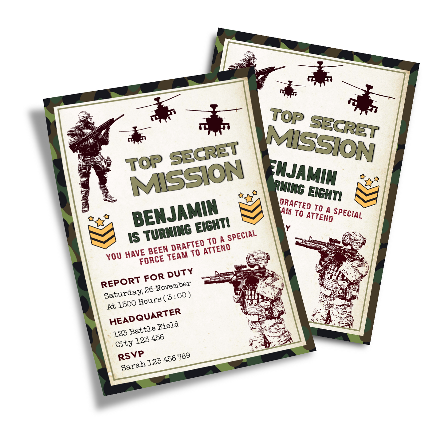 Army Personalized Birthday Card Invitations: A digital image of personalized army-themed birthday card invitations.