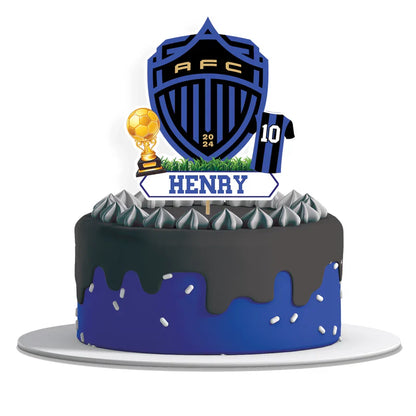 Auckland FC personalized cake toppers with team colors and name flat lay on party table