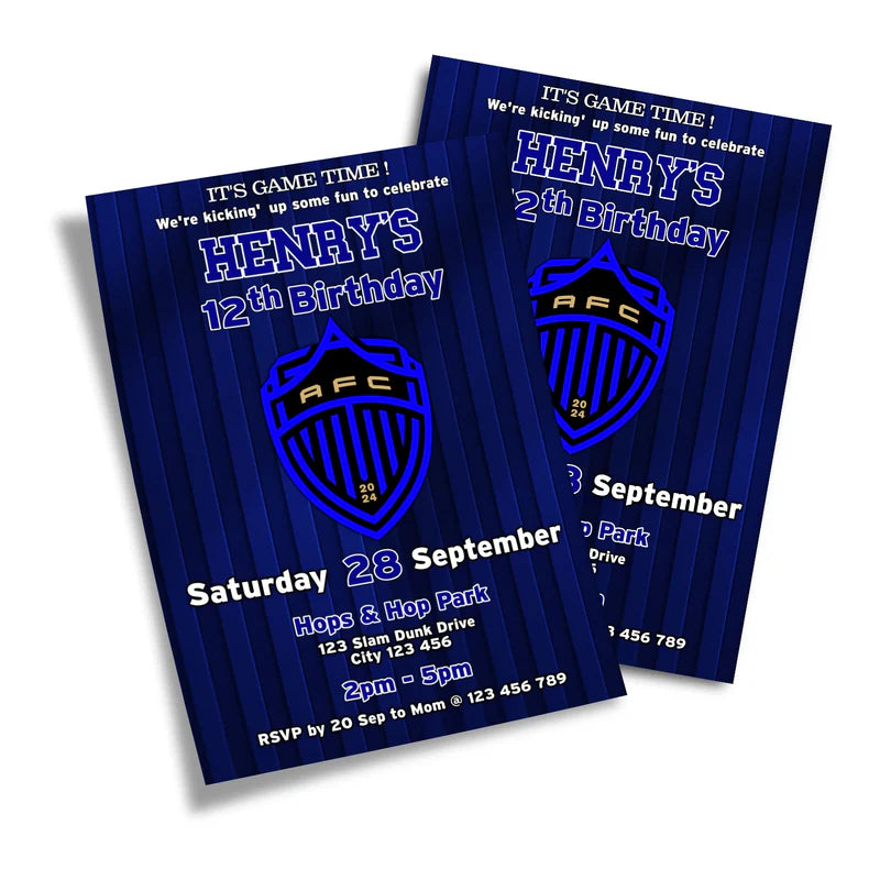 Auckland FC birthday invitations with personalized text and football pattern flat lay