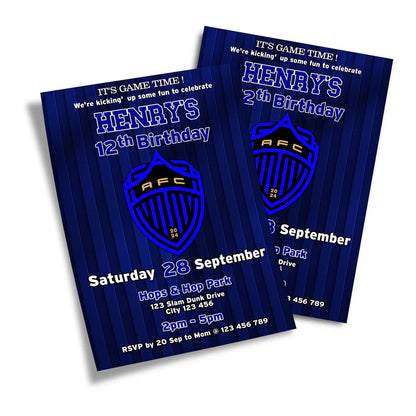 Auckland FC birthday invitations with personalized text and football pattern flat lay