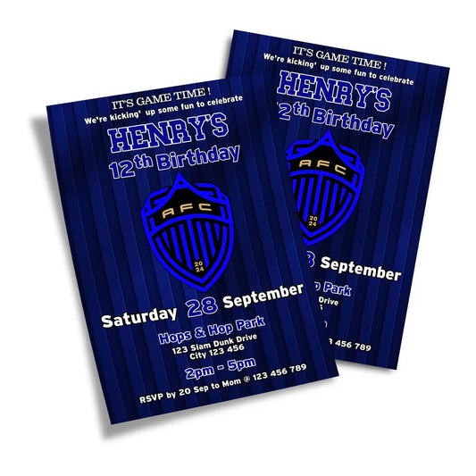 Auckland FC birthday invitations with personalized text and football pattern flat lay