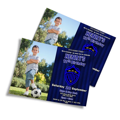 Auckland FC photo card invitations with player image and green blue theme flat lay