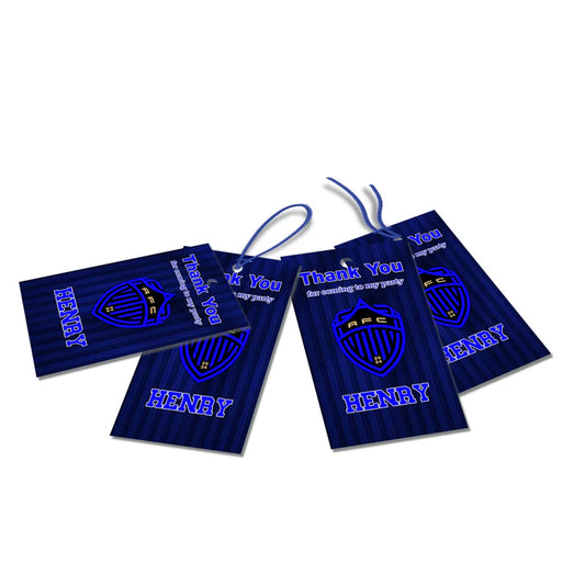 Auckland FC thank you tags with football pattern and personalized text on white background