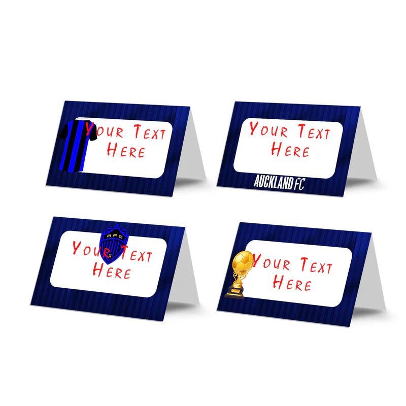 Auckland FC food cards with team logo and name folded on party table flat lay