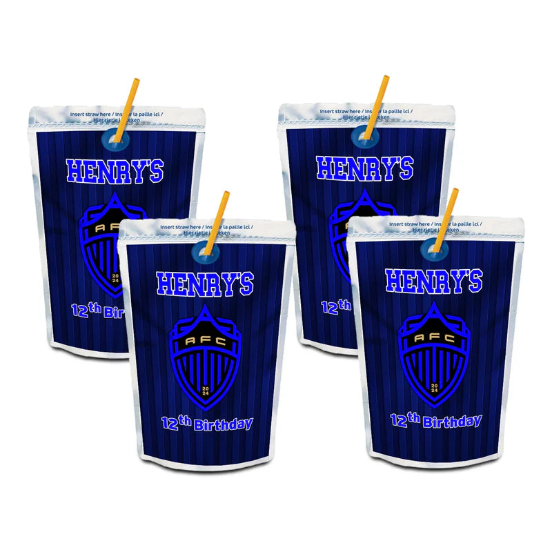 Auckland FC juice pouch label with personalized team design on silver pouch flat layout