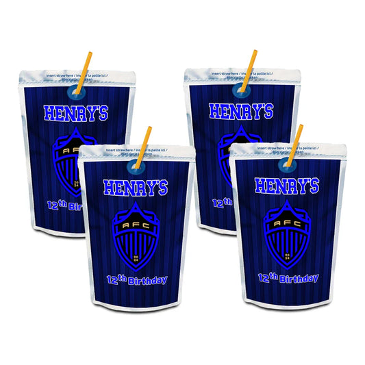 Auckland FC juice pouch label with personalized team design on silver pouch flat layout