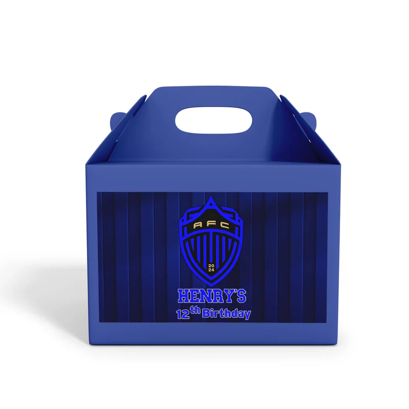 Auckland FC treat box label with soccer colors and name on kraft paper box flat lay