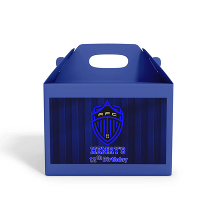 Auckland FC treat box label with soccer colors and name on kraft paper box flat lay