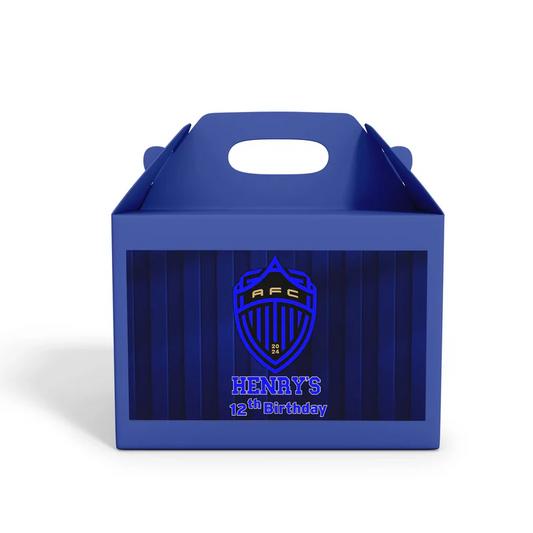 Auckland FC treat box label with soccer colors and name on kraft paper box flat lay