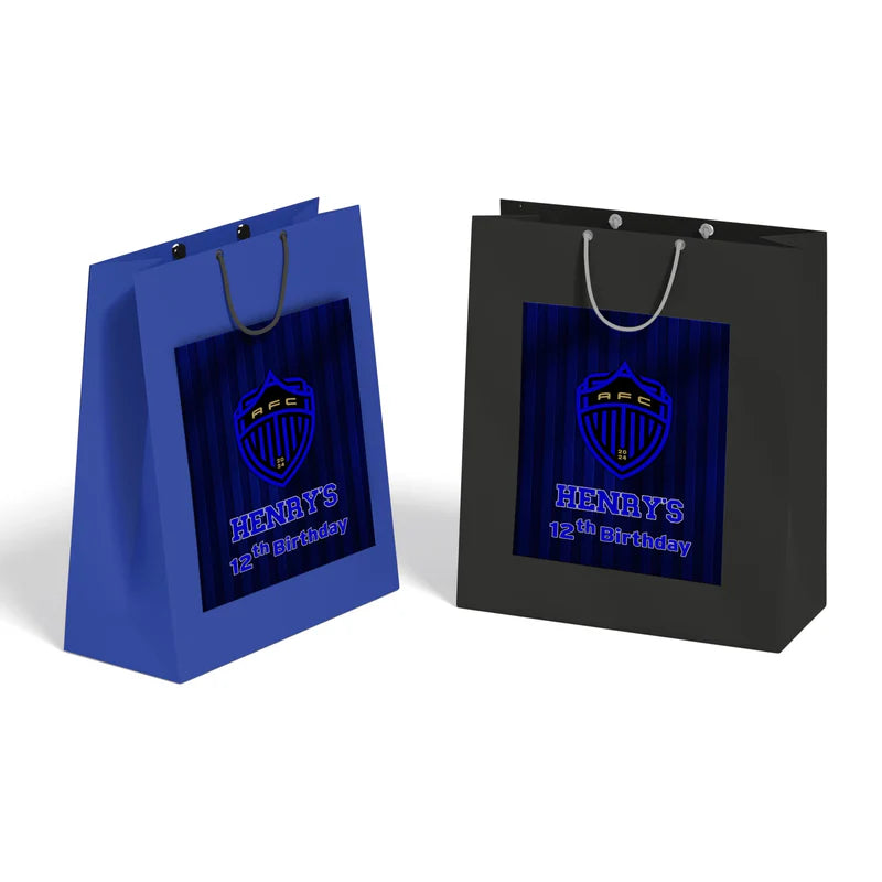 Auckland FC goodie bag label with bold green blue football design on white paper bag