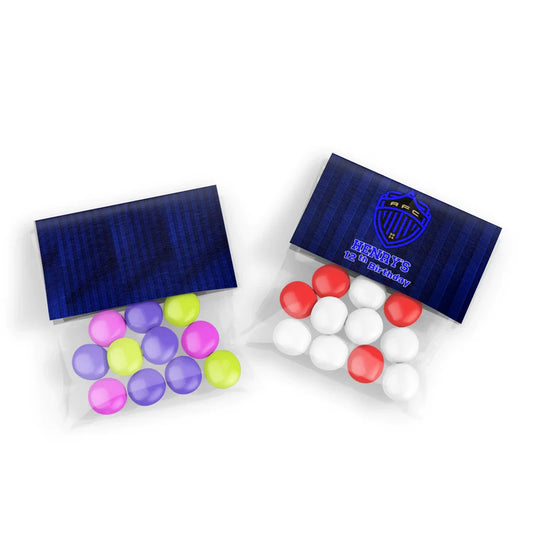 Auckland FC treat bag topper label with folded soccer design sealed on clear bag