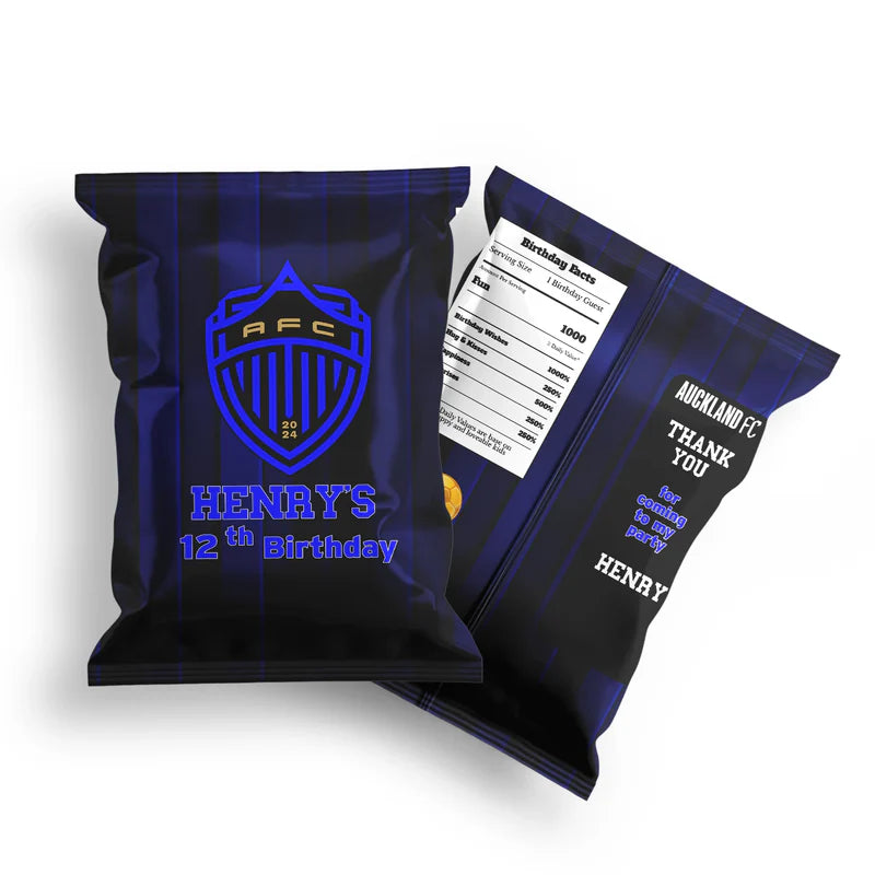 Auckland FC chips bag label with football theme and name on foil-style wrapper