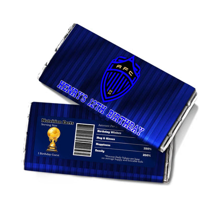 Auckland FC chocolate label with green blue personalized wrapper on candy bar flat lay