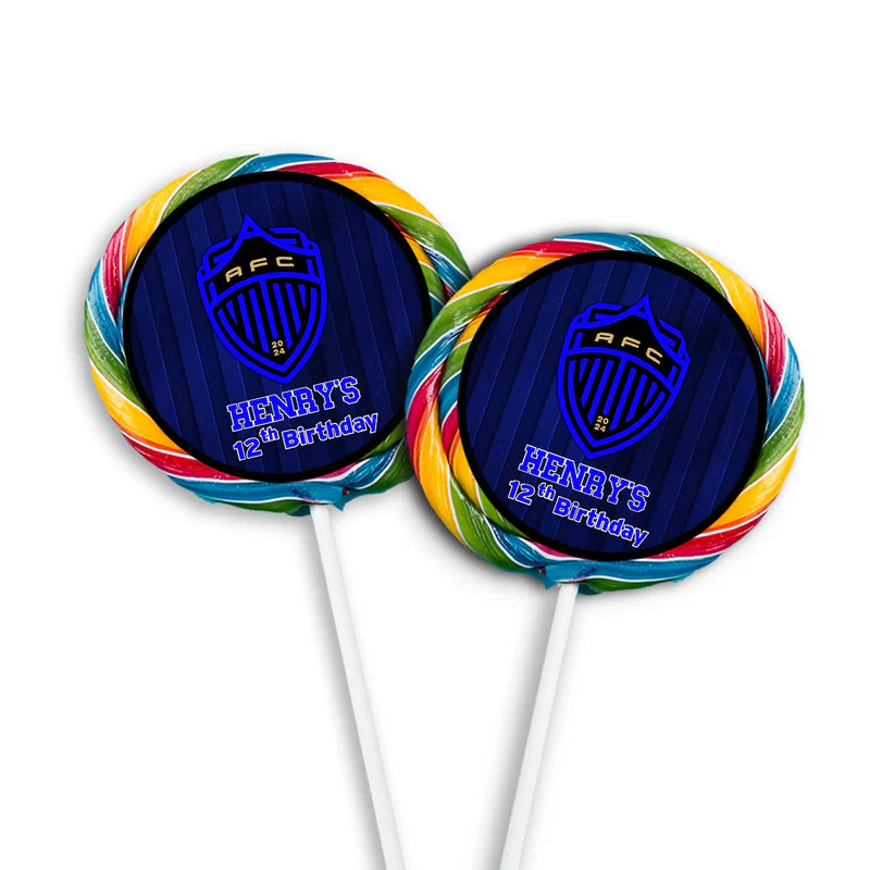 Auckland FC lollipop label with round soccer design and name tag on white background