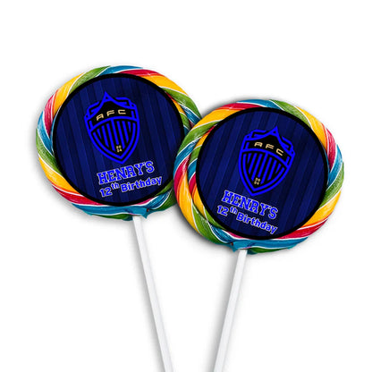Auckland FC lollipop label with round soccer design and name tag on white background
