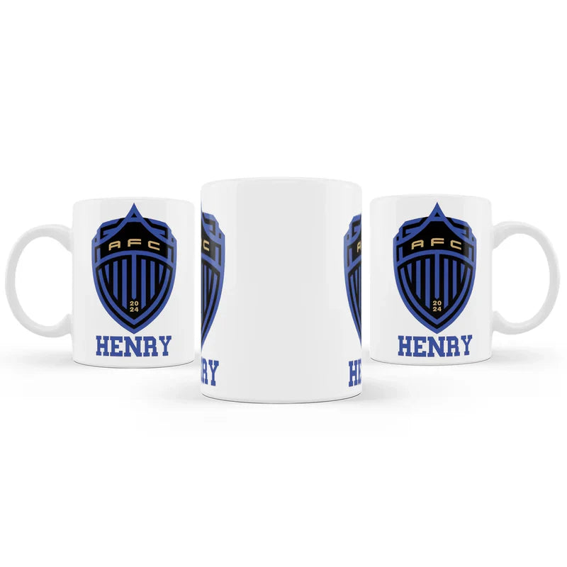 Auckland FC sublimation mug with football team design and custom name on white ceramic