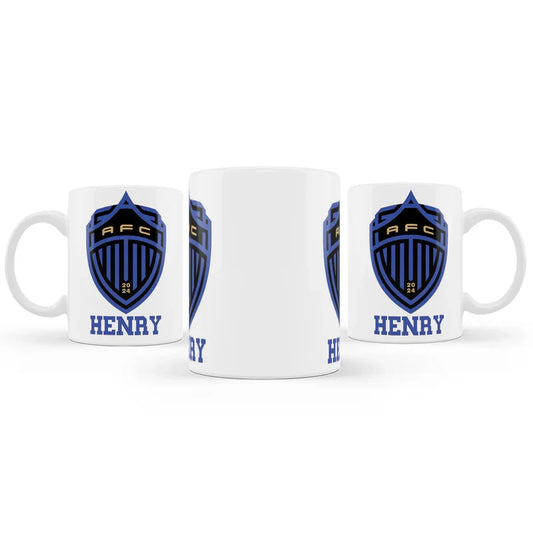 Auckland FC sublimation mug with football team design and custom name on white ceramic