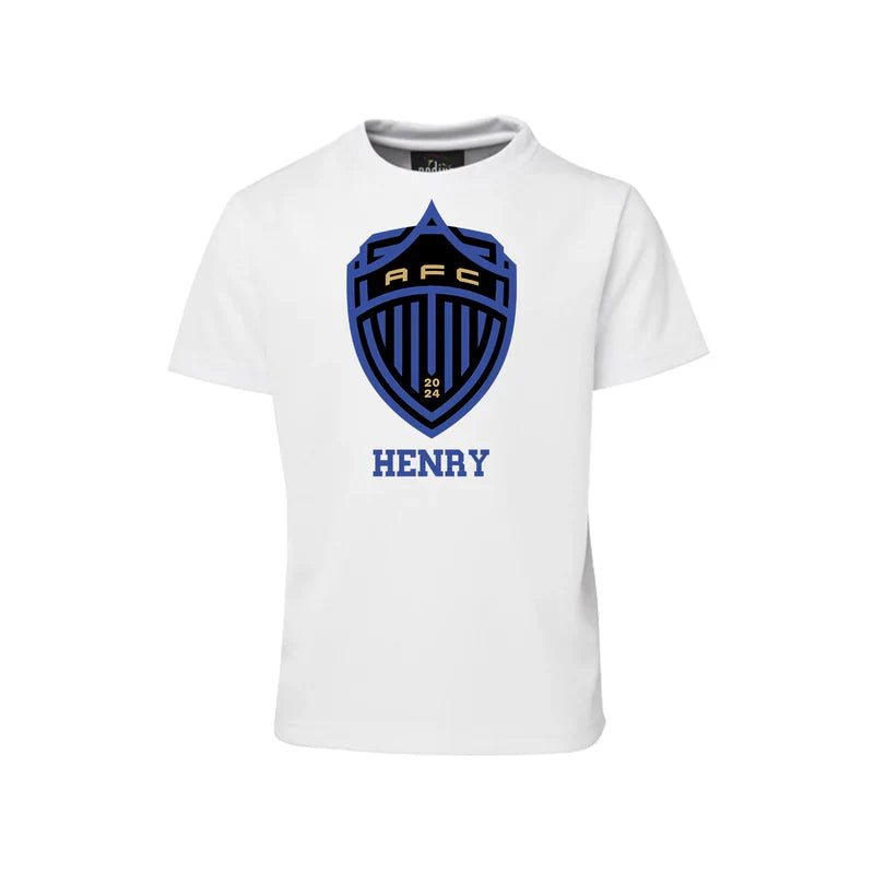 Auckland FC sublimation t-shirt with team name and player number on white cotton shirt