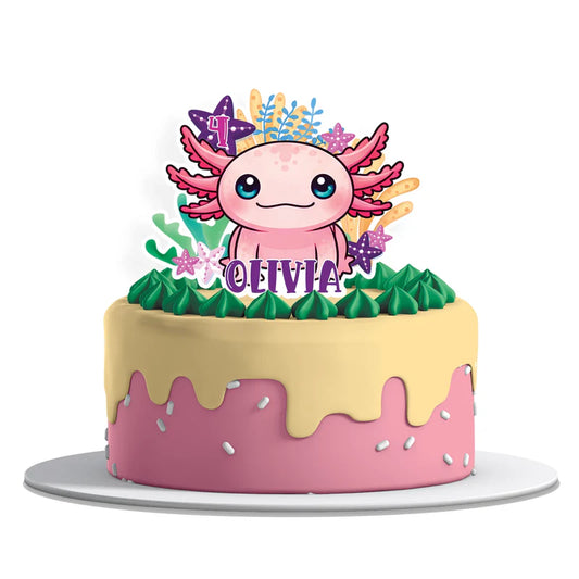 Axolotl cake toppers with cartoon designs in soft pastel tones, layered cutouts on white background for party display