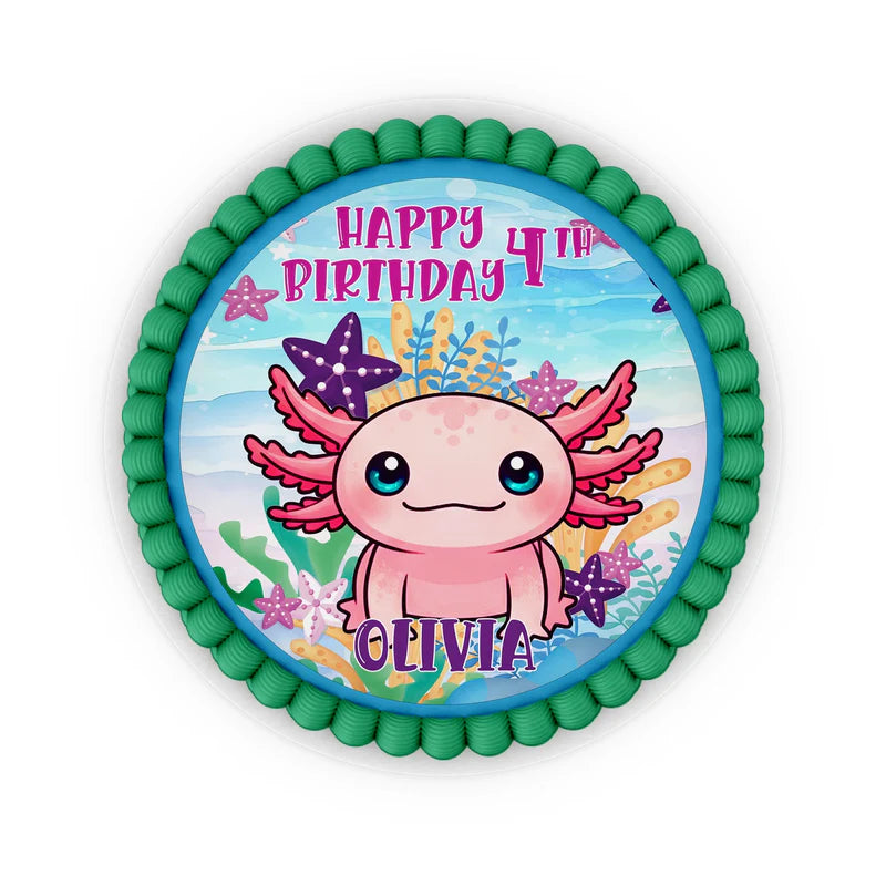 Axolotl icing cake images with cute axolotl illustration in pink and aqua, ready for themed birthday desserts
