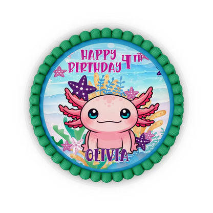 Axolotl icing cake images with cute axolotl illustration in pink and aqua, ready for themed birthday desserts