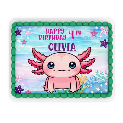 Axolotl sheet cake images featuring smiling pink axolotl and bubbles, printed on edible sheet against white background