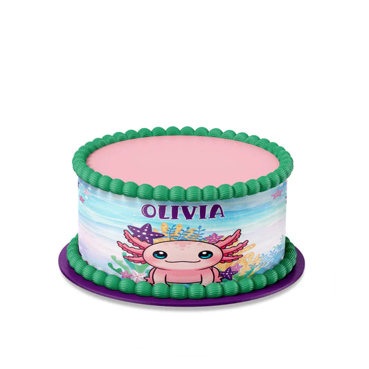 Axolotl edible cake strips with cute pink axolotl pattern, perfect for wrapping cakes, displayed flat on white background