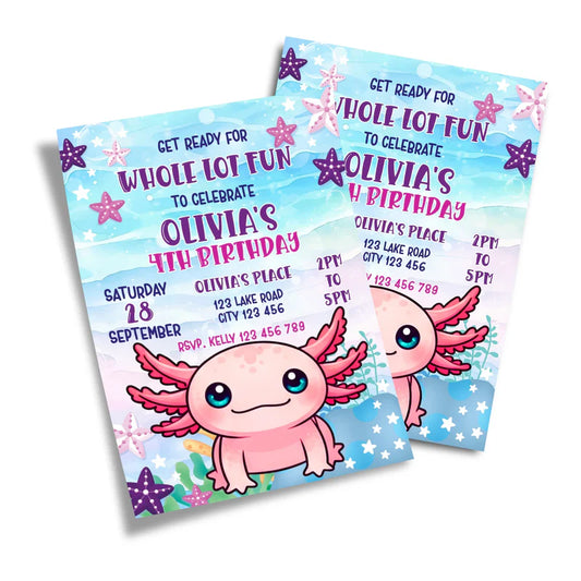 Axolotl birthday invitations in pink and blue tones with cartoon axolotl illustration, displayed flat on clean background