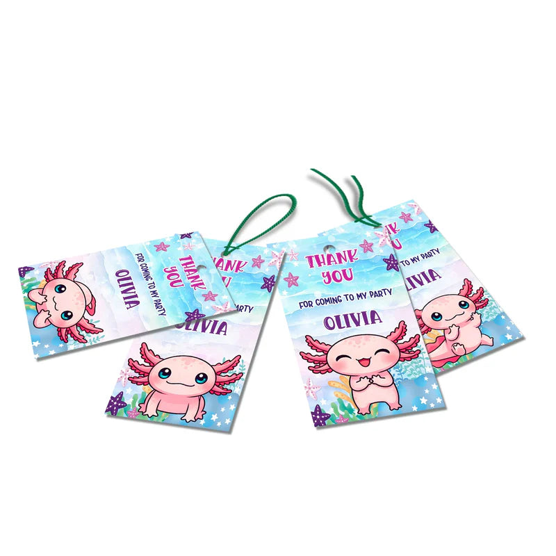 Axolotl thank you tags in pink tones with axolotl artwork and bubbles, shown on white background for party favors