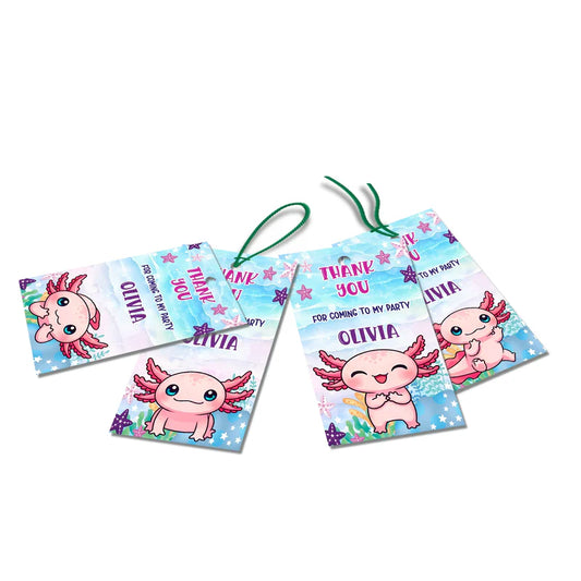 Axolotl thank you tags in pink tones with axolotl artwork and bubbles, shown on white background for party favors