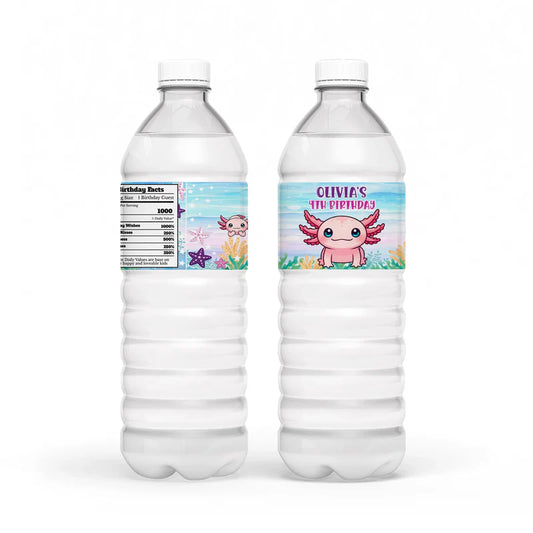 Axolotl water bottle labels in pink and blue with axolotl design and bubbles, wrapped around clear bottles