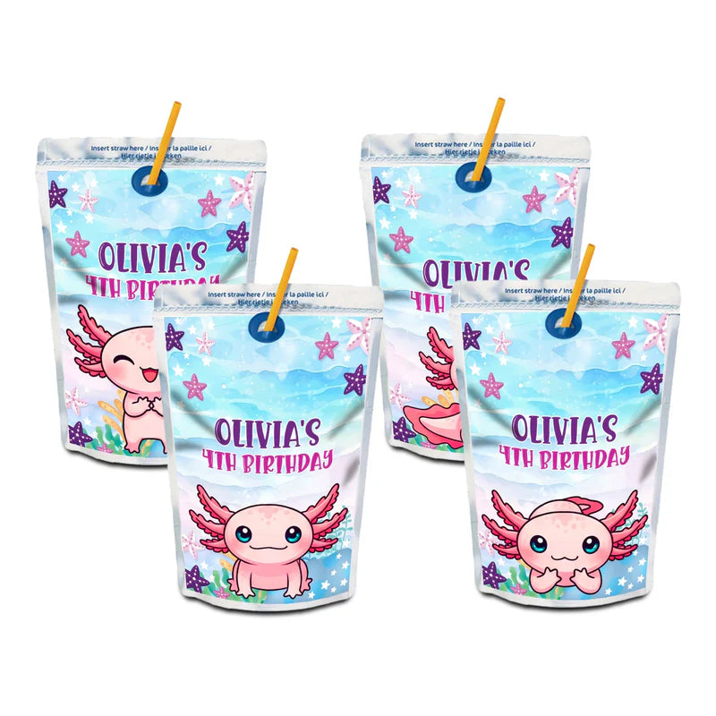 Axolotl juice pouch labels featuring smiling pink axolotl and undersea bubbles, printed design on silver pouches