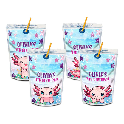 Axolotl juice pouch labels featuring smiling pink axolotl and undersea bubbles, printed design on silver pouches