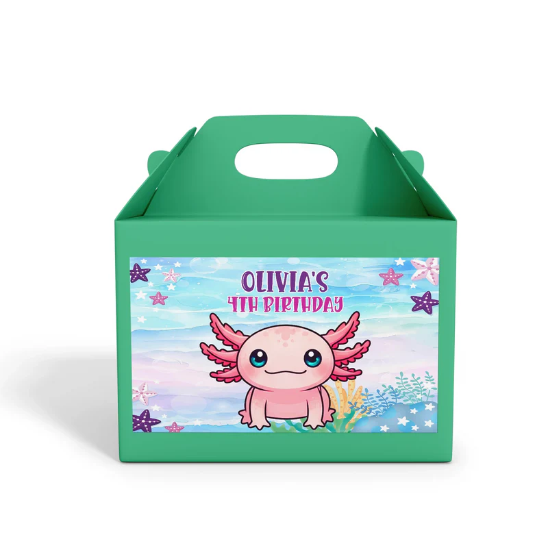 Axolotl treat box label in soft pastel colors with axolotl character and sea plants, displayed flat on white surface