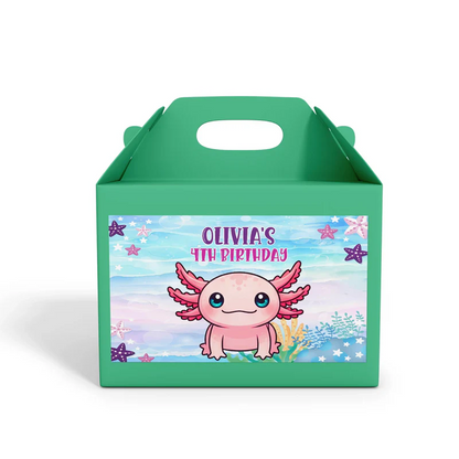 Axolotl treat box label in soft pastel colors with axolotl character and sea plants, displayed flat on white surface