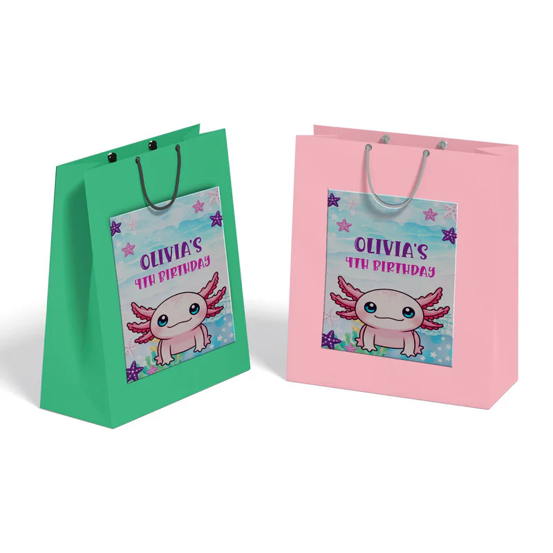 Axolotl goodie bag label with pink axolotl design and text area for name, pastel theme on white background