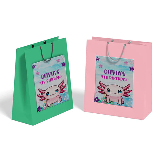 Axolotl goodie bag label with pink axolotl design and text area for name, pastel theme on white background