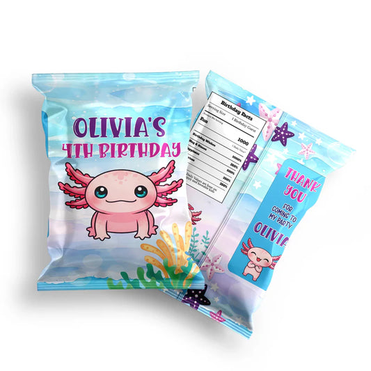 Axolotl chips bag label with colorful design featuring axolotl and sea plants, flat lay packaging view