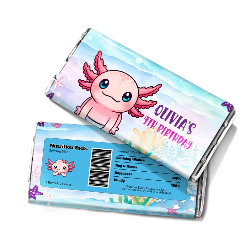 Axolotl chocolate label in soft pastel colors with axolotl design and custom name area, flat on white background