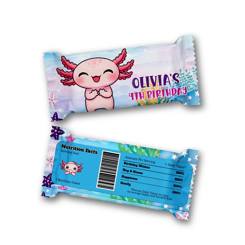 Axolotl Rice Krispies and candy bar label with pink axolotl illustration and bubbles, laid flat on table