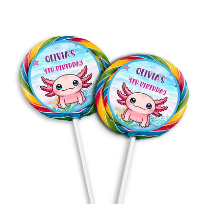 Axolotl lollipop label with round pastel axolotl design, shown attached to candy stick on white surface