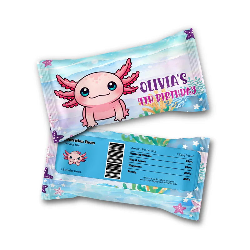 Axolotl Skittles label with colorful underwater theme featuring smiling pink axolotl and bubbles, flat layout