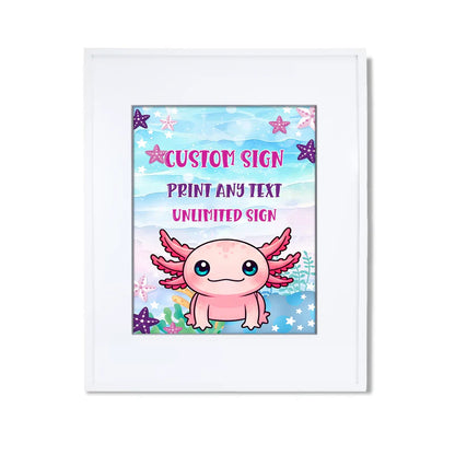 Axolotl custom sign with pastel pink and blue axolotl graphics, perfect for birthday decor, displayed upright