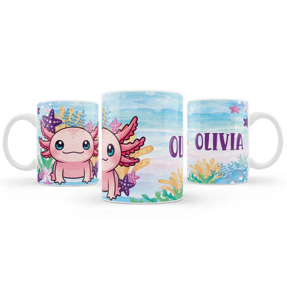 Axolotl mug with printed pink axolotl design on white ceramic, shown from front angle on clean background