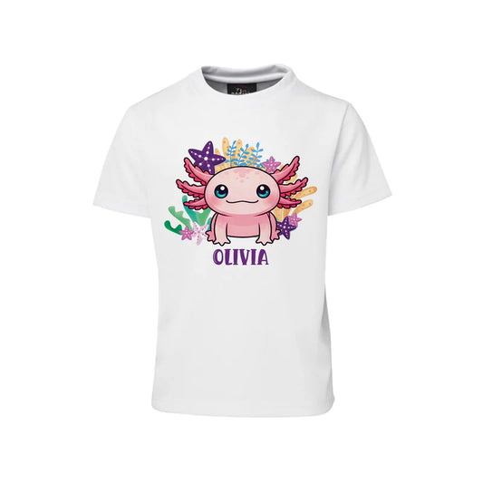 Axolotl T-shirt with cute cartoon axolotl design in pink and blue, laid flat on white background